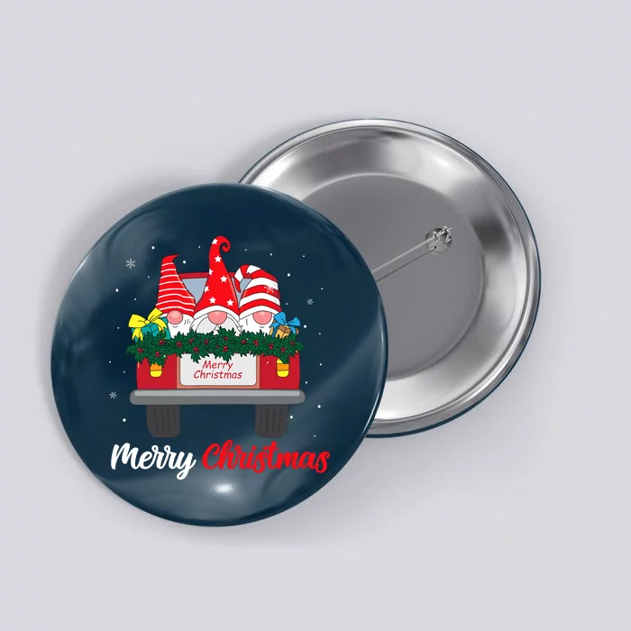 Three Gnomes In Red Truck With Merry Christmas Tree Family Button