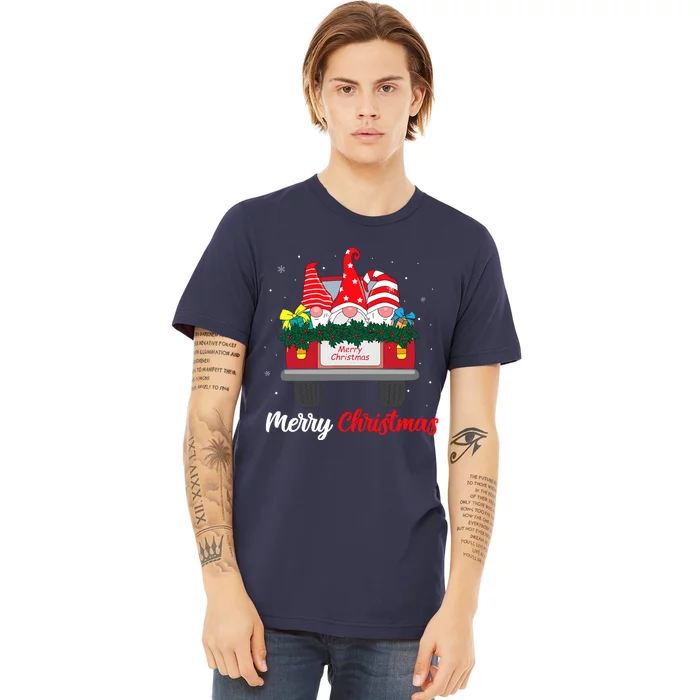 Three Gnomes In Red Truck With Merry Christmas Tree Family Premium T-Shirt