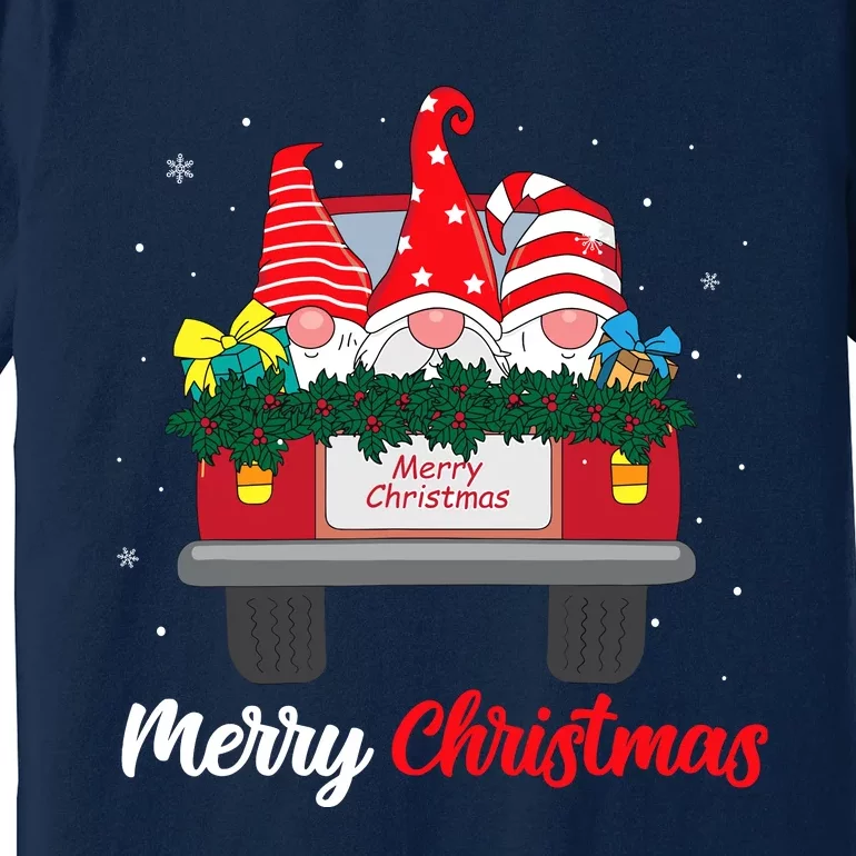 Three Gnomes In Red Truck With Merry Christmas Tree Family Premium T-Shirt