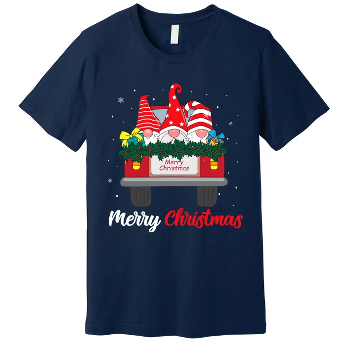 Three Gnomes In Red Truck With Merry Christmas Tree Family Premium T-Shirt