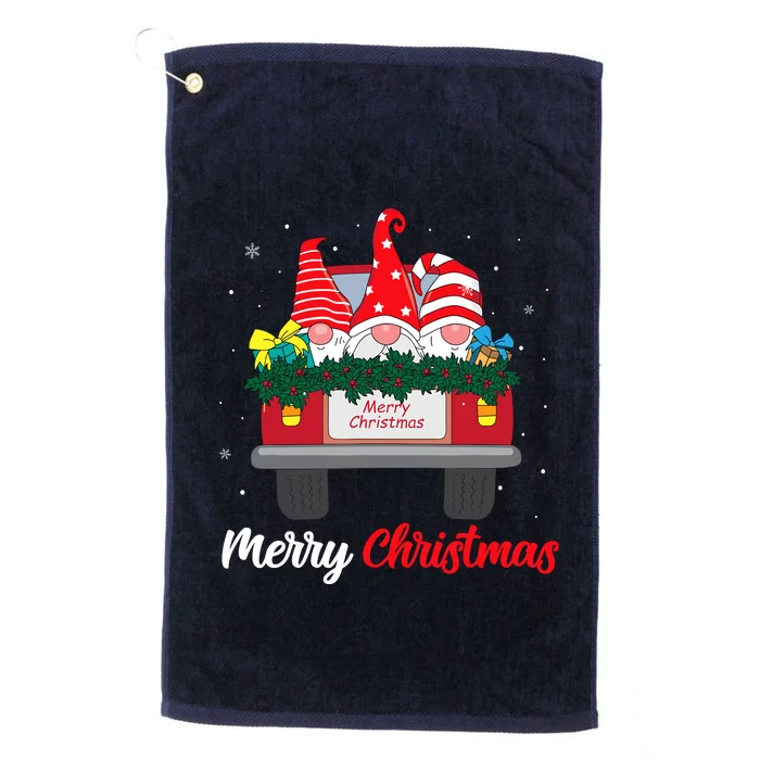 Three Gnomes In Red Truck With Merry Christmas Tree Family Platinum Collection Golf Towel