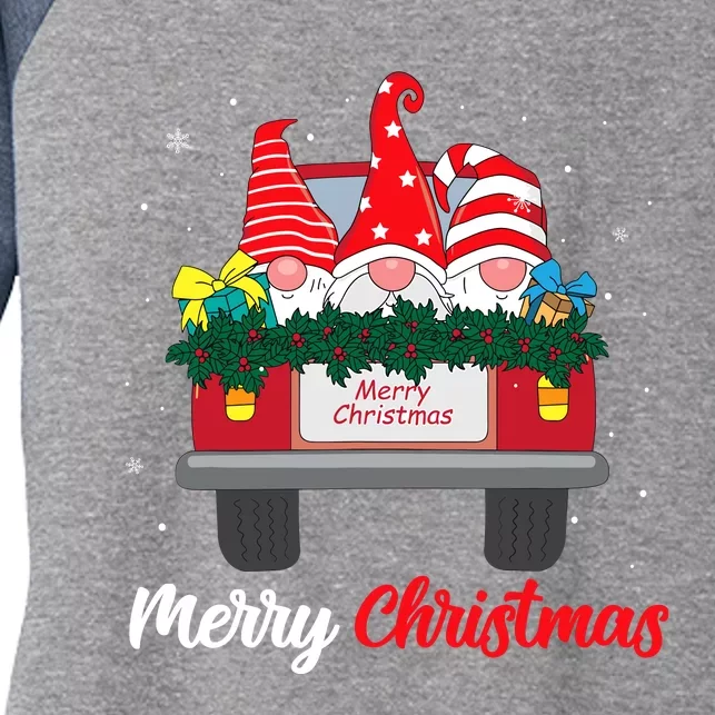 Three Gnomes In Red Truck With Merry Christmas Tree Family Women's Tri-Blend 3/4-Sleeve Raglan Shirt