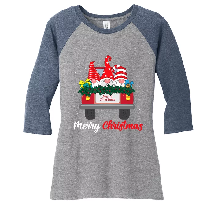 Three Gnomes In Red Truck With Merry Christmas Tree Family Women's Tri-Blend 3/4-Sleeve Raglan Shirt