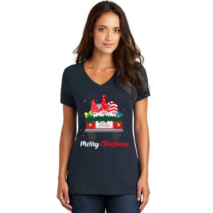 Three Gnomes In Red Truck With Merry Christmas Tree Family Women's V-Neck T-Shirt