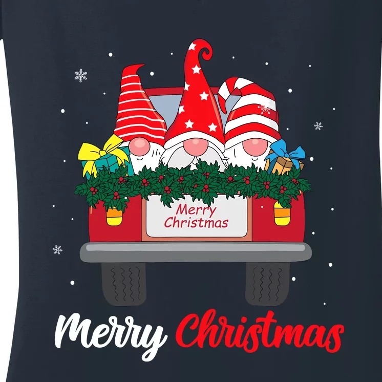 Three Gnomes In Red Truck With Merry Christmas Tree Family Women's V-Neck T-Shirt