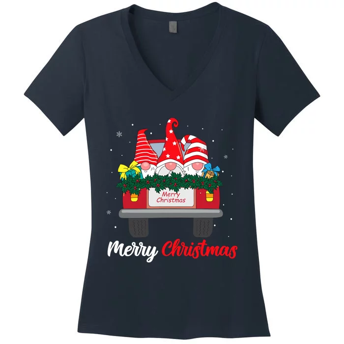 Three Gnomes In Red Truck With Merry Christmas Tree Family Women's V-Neck T-Shirt