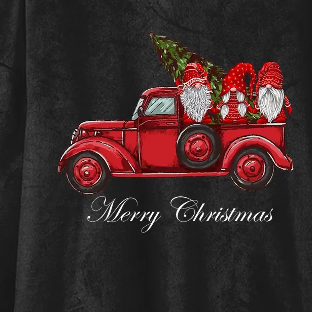 Three Gnomes In Red Truck With Merry Christmas Tree Hooded Wearable Blanket