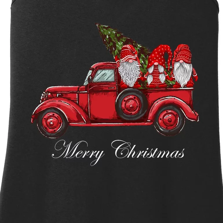 Three Gnomes In Red Truck With Merry Christmas Tree Ladies Essential Tank