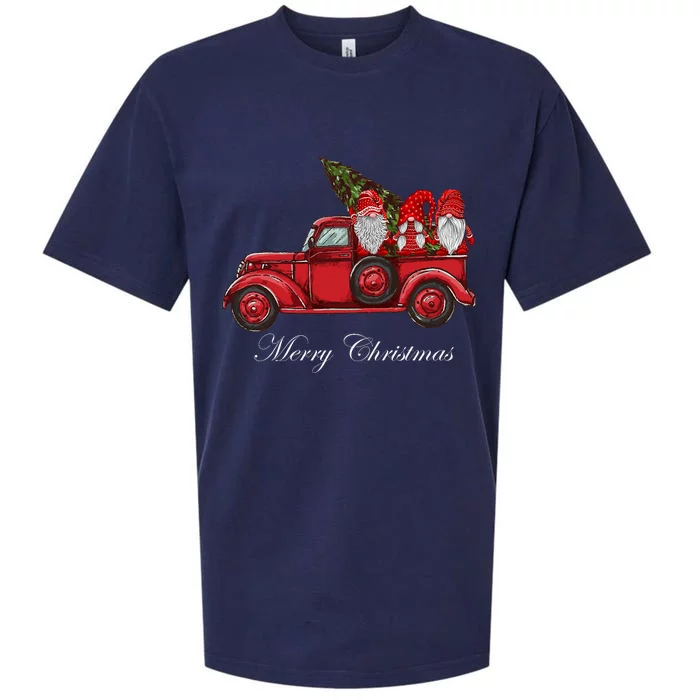 Three Gnomes In Red Truck With Merry Christmas Tree Sueded Cloud Jersey T-Shirt