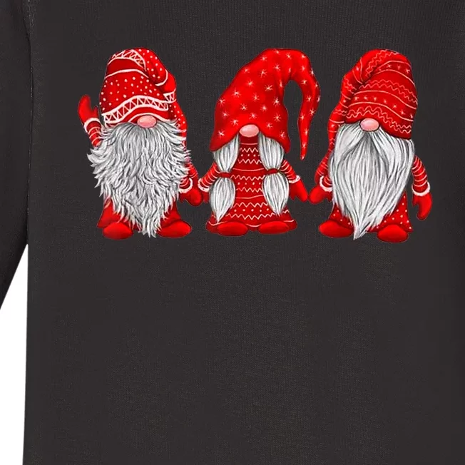 Three Gnomes In Red Costume Christmas Hanging With Gnomes TShirt Baby Long Sleeve Bodysuit