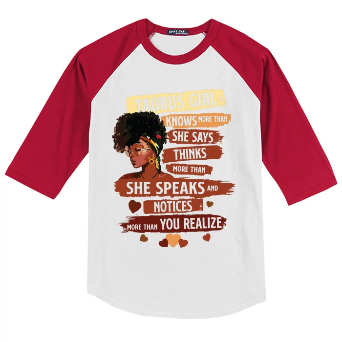 Taurus Girl Knows More Than She Says Birthday Girl Kids Colorblock Raglan Jersey