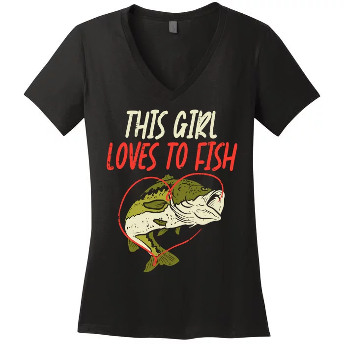 This Girl Loves To Fish Bass Fishing Family Matching Gift Women's V-Neck T-Shirt