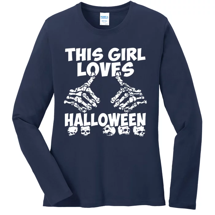 This Girl Lovers Halloween Satan Scare Black White Skeleton Ladies Long Sleeve Shirt