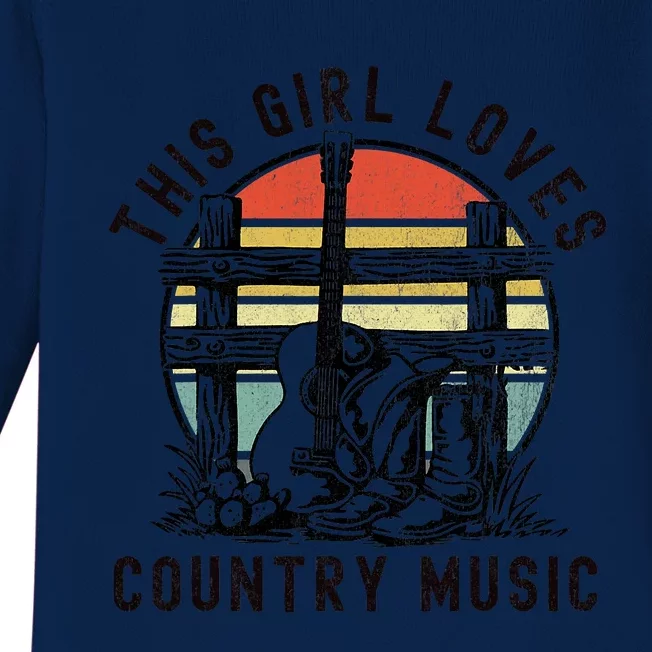 This Girl Loves Country Music Distressed Cowgirl With Boots Baby Long Sleeve Bodysuit