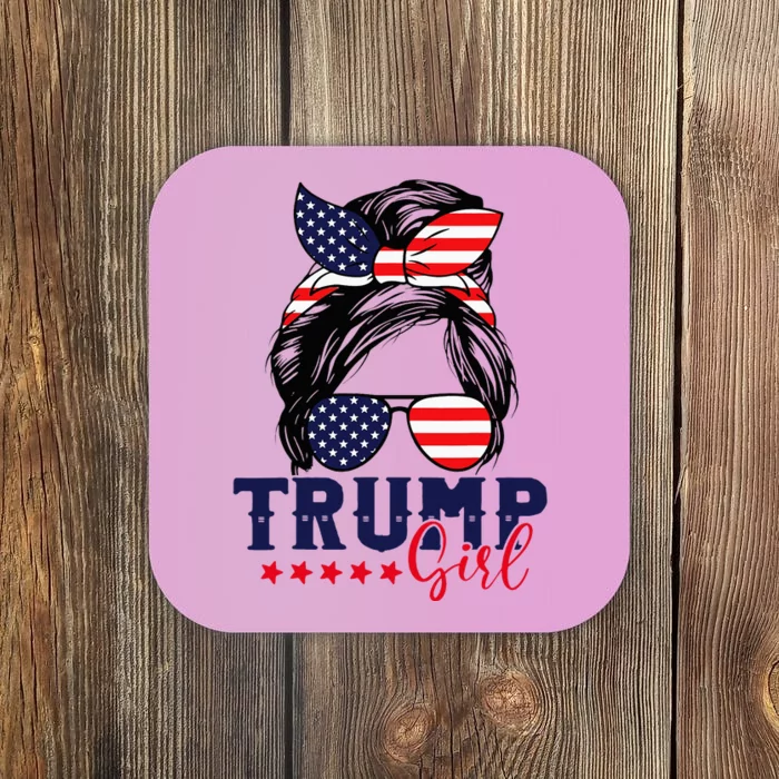 Trump Girl Messy Bun Trump 2024 Election American Flag Coaster