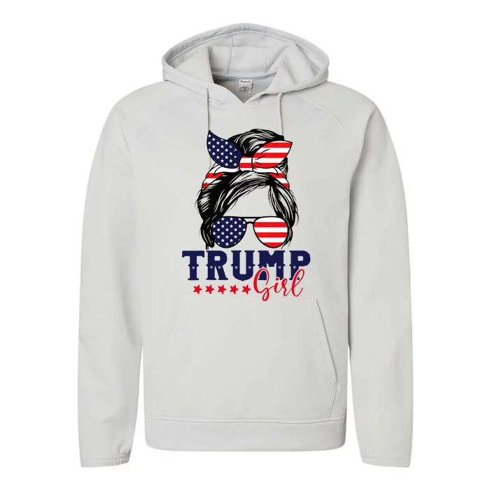 Trump Girl Messy Bun Trump 2024 Election American Flag Performance Fleece Hoodie