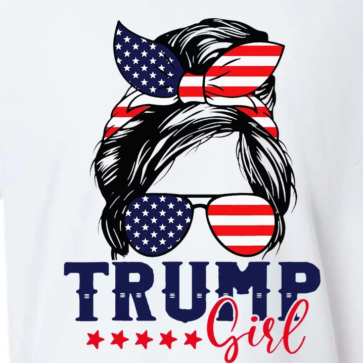 Trump Girl Messy Bun Trump 2024 Election American Flag Sueded Cloud Jersey T-Shirt