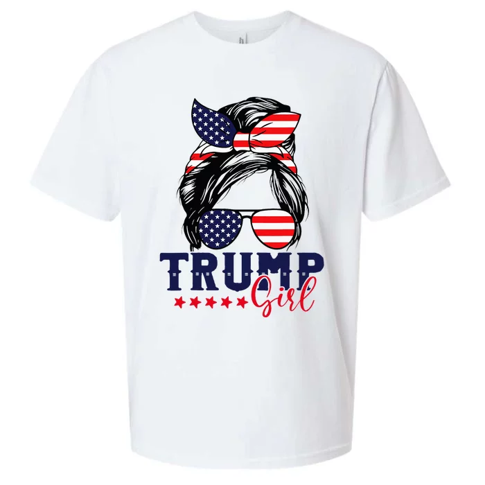 Trump Girl Messy Bun Trump 2024 Election American Flag Sueded Cloud Jersey T-Shirt