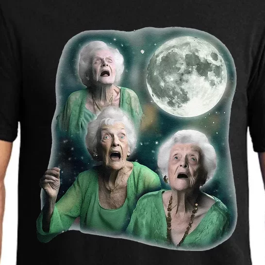 Three Granny Moon 3 Old Ladys Howling Weird Cursed Meme Pajama Set