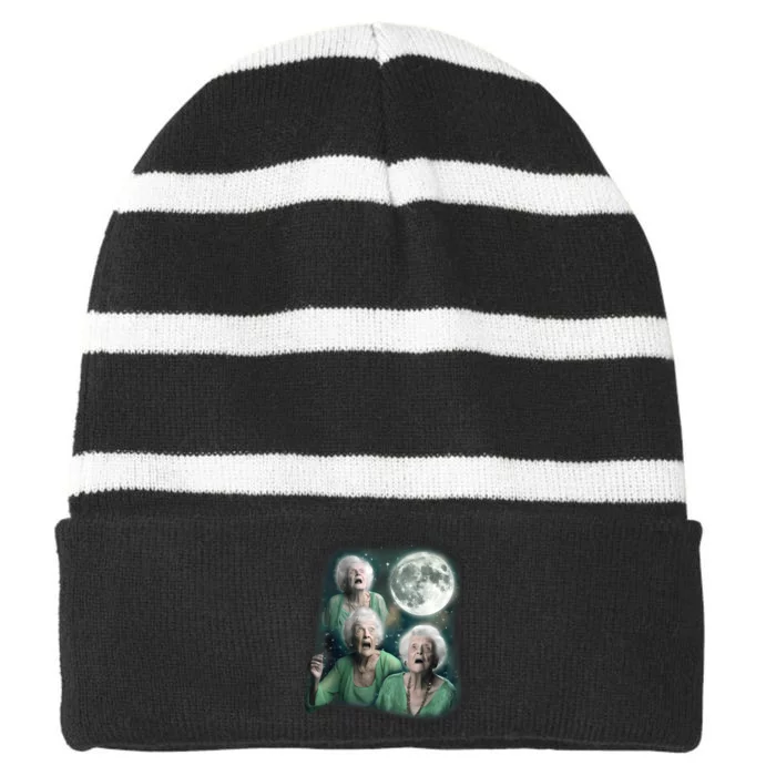 Three Granny Moon 3 Old Ladys Howling Weird Cursed Meme Striped Beanie with Solid Band