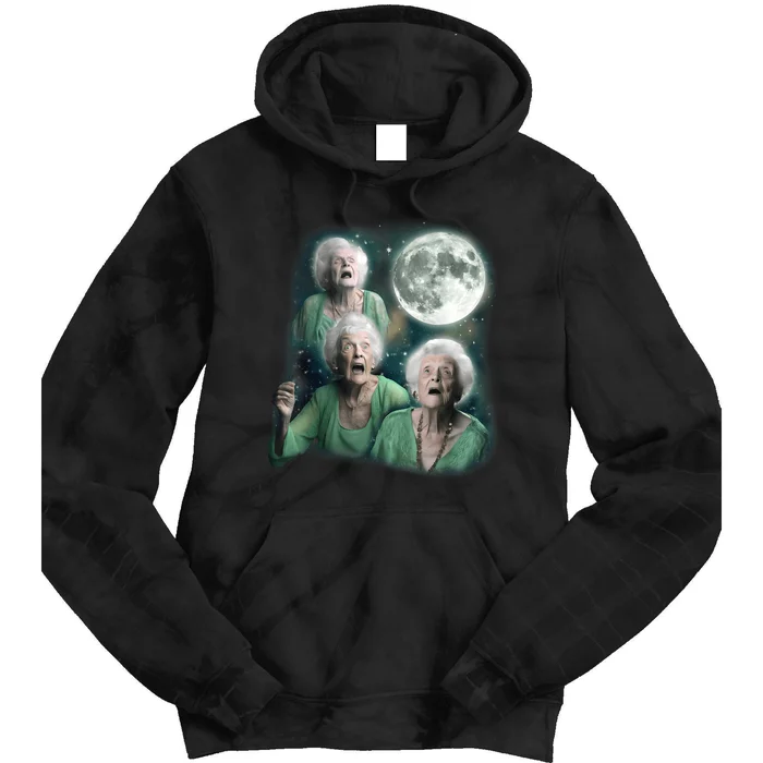 Three Granny Moon 3 Old Ladys Howling Weird Cursed Meme Tie Dye Hoodie