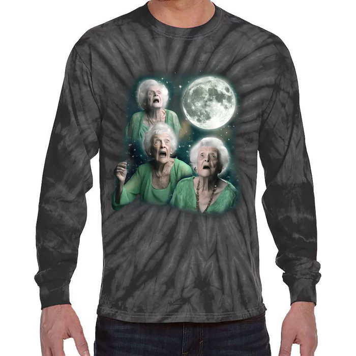 Three Granny Moon 3 Old Ladys Howling Weird Cursed Meme Tie-Dye Long Sleeve Shirt