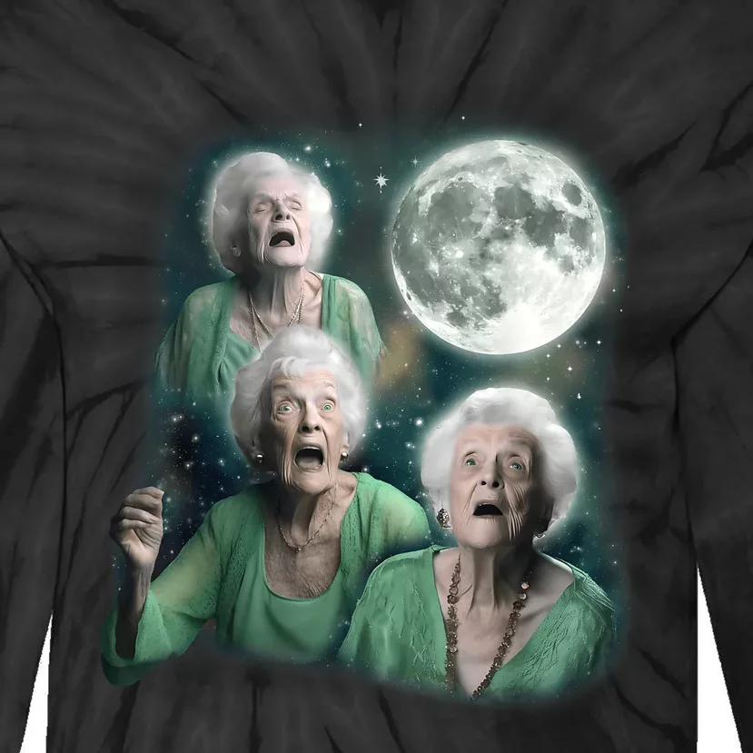 Three Granny Moon 3 Old Ladys Howling Weird Cursed Meme Tie-Dye Long Sleeve Shirt