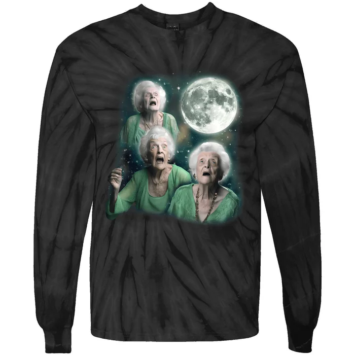 Three Granny Moon 3 Old Ladys Howling Weird Cursed Meme Tie-Dye Long Sleeve Shirt