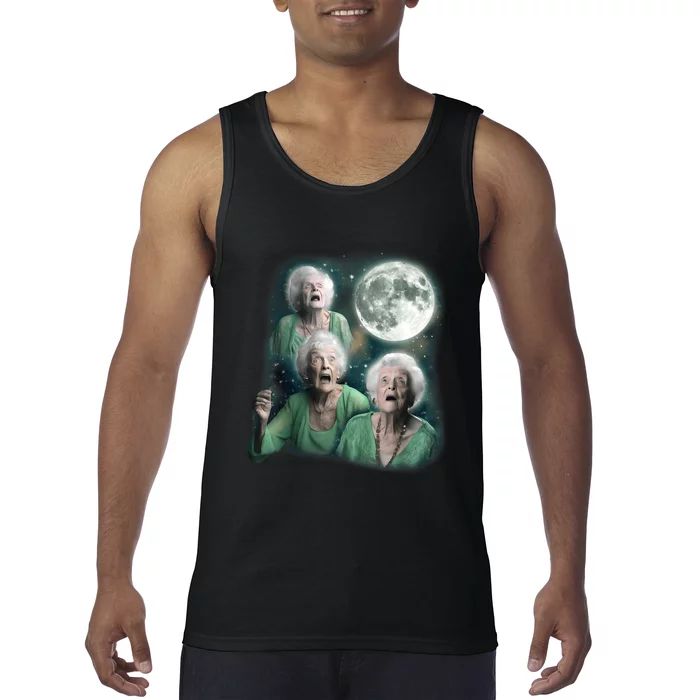 Three Granny Moon 3 Old Ladys Howling Weird Cursed Meme Tank Top