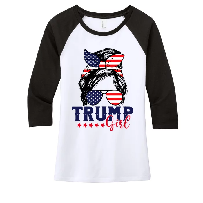 Trump Girl Messy Bun Trump 2024 Election American Flag Women's Tri-Blend 3/4-Sleeve Raglan Shirt