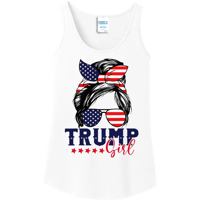 Trump Girl Messy Bun Trump 2024 Election American Flag Ladies Essential Tank