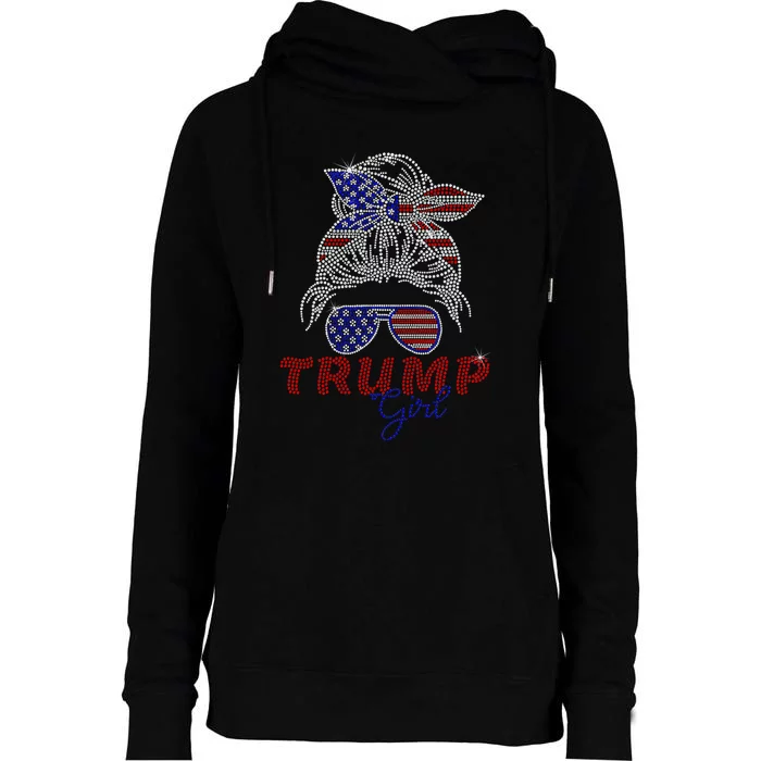 Trump Girl Messy Bun Voting For Trump 2024 Faux Rhinestone Womens Funnel Neck Pullover Hood