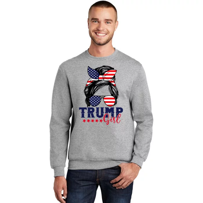 Trump Girl Messy Bun Trump 2024 Election American Flag Tall Sweatshirt