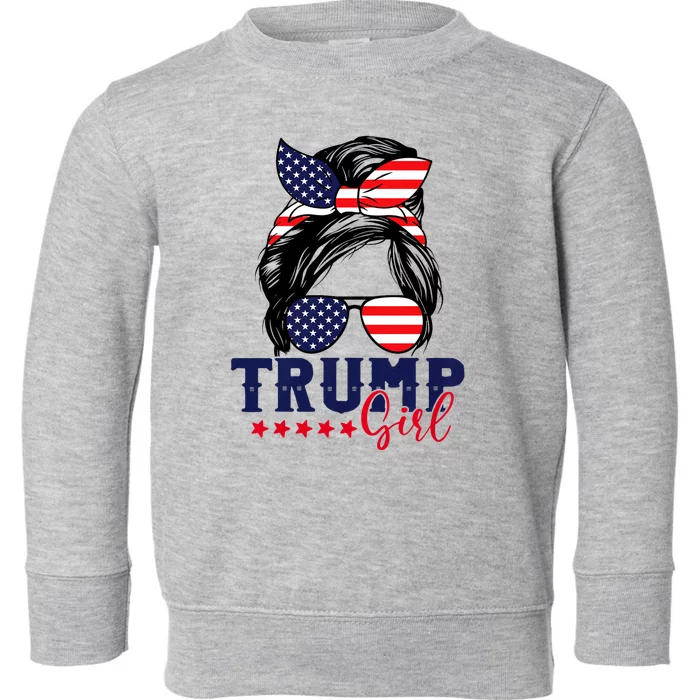 Trump Girl Messy Bun Trump 2024 Election American Flag Toddler Sweatshirt