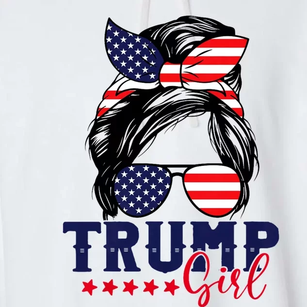 Trump Girl Messy Bun Trump 2024 Election American Flag Garment-Dyed Fleece Hoodie