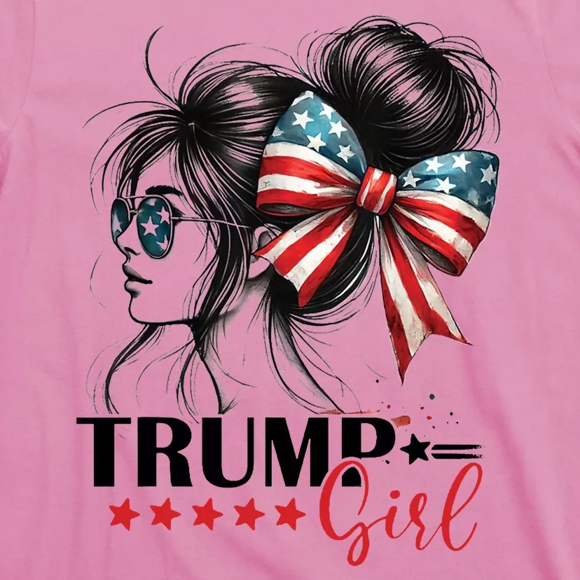 Trump Girl Messy Bun Sunglasses Usa Flag T-Shirt