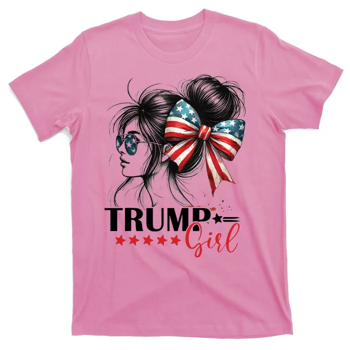 Trump Girl Messy Bun Sunglasses Usa Flag T-Shirt