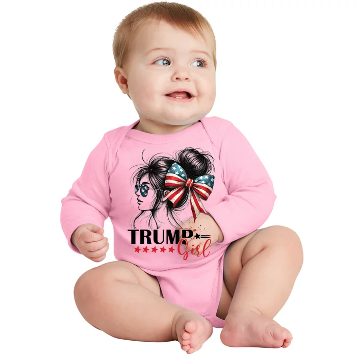 Trump Girl Messy Bun Sunglasses Usa Flag Baby Long Sleeve Bodysuit