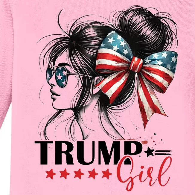 Trump Girl Messy Bun Sunglasses Usa Flag Baby Long Sleeve Bodysuit