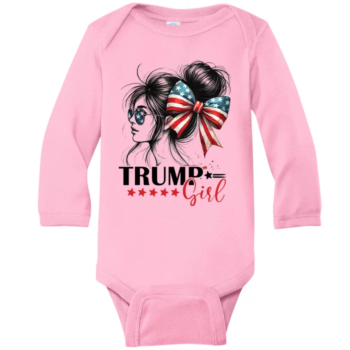 Trump Girl Messy Bun Sunglasses Usa Flag Baby Long Sleeve Bodysuit