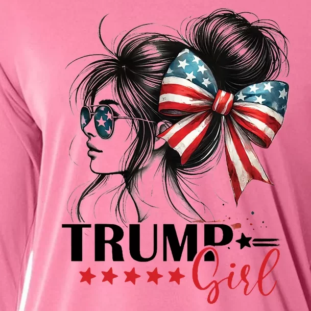 Trump Girl Messy Bun Sunglasses Usa Flag Cooling Performance Long Sleeve Crew