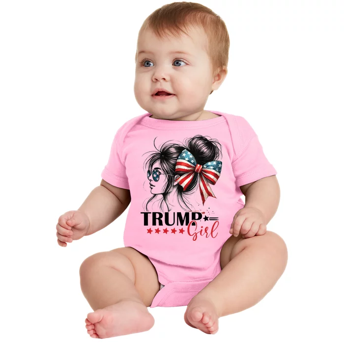 Trump Girl Messy Bun Sunglasses Usa Flag Baby Bodysuit