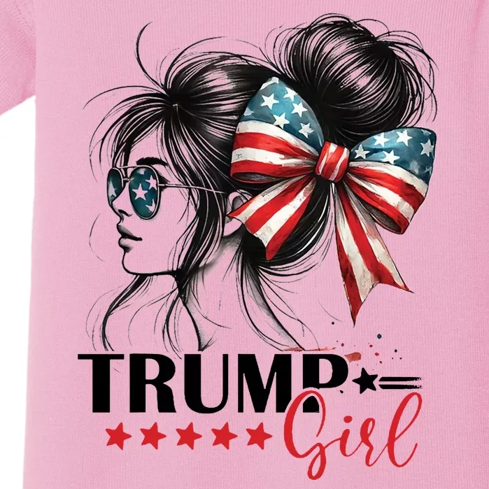 Trump Girl Messy Bun Sunglasses Usa Flag Baby Bodysuit