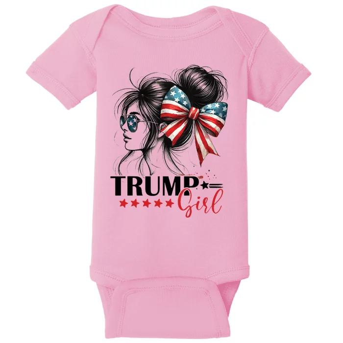 Trump Girl Messy Bun Sunglasses Usa Flag Baby Bodysuit