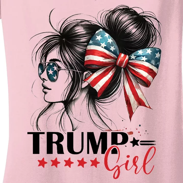 Trump Girl Messy Bun Sunglasses Usa Flag Women's V-Neck T-Shirt