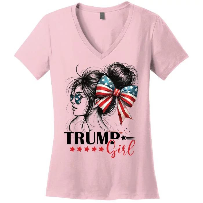 Trump Girl Messy Bun Sunglasses Usa Flag Women's V-Neck T-Shirt