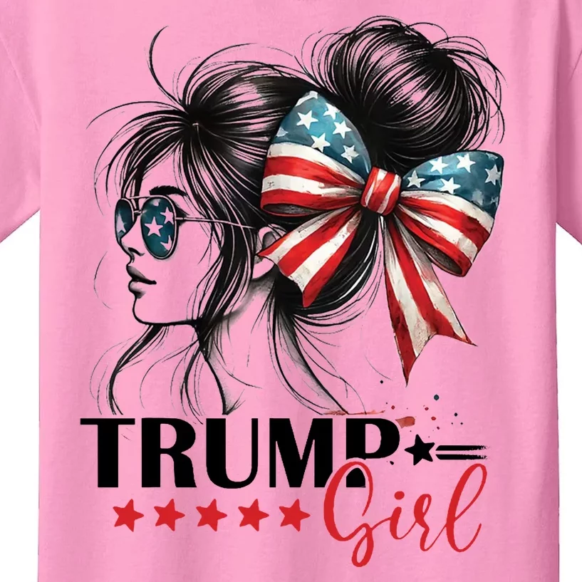 Trump Girl Messy Bun Sunglasses Usa Flag Kids T-Shirt