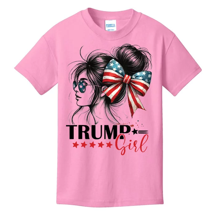 Trump Girl Messy Bun Sunglasses Usa Flag Kids T-Shirt