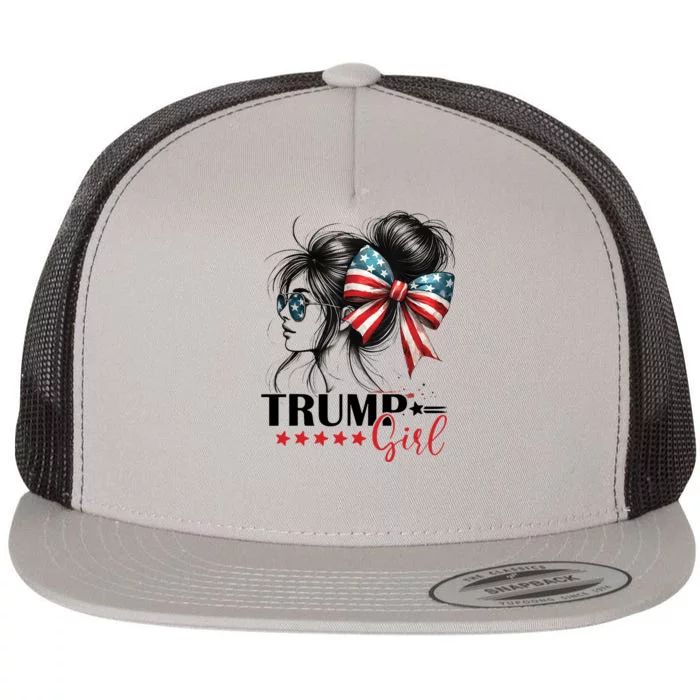 Trump Girl Messy Bun Sunglasses Usa Flag Flat Bill Trucker Hat