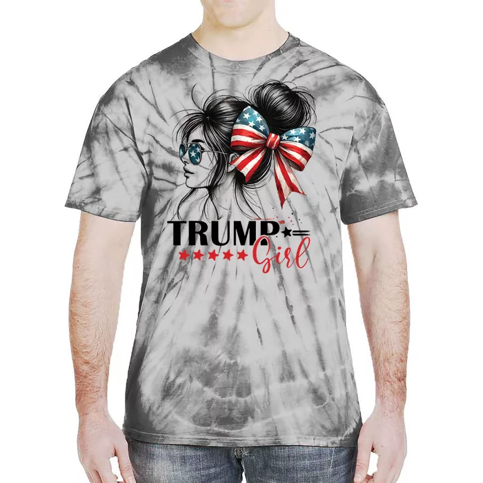 Trump Girl Messy Bun Sunglasses Usa Flag Tie-Dye T-Shirt